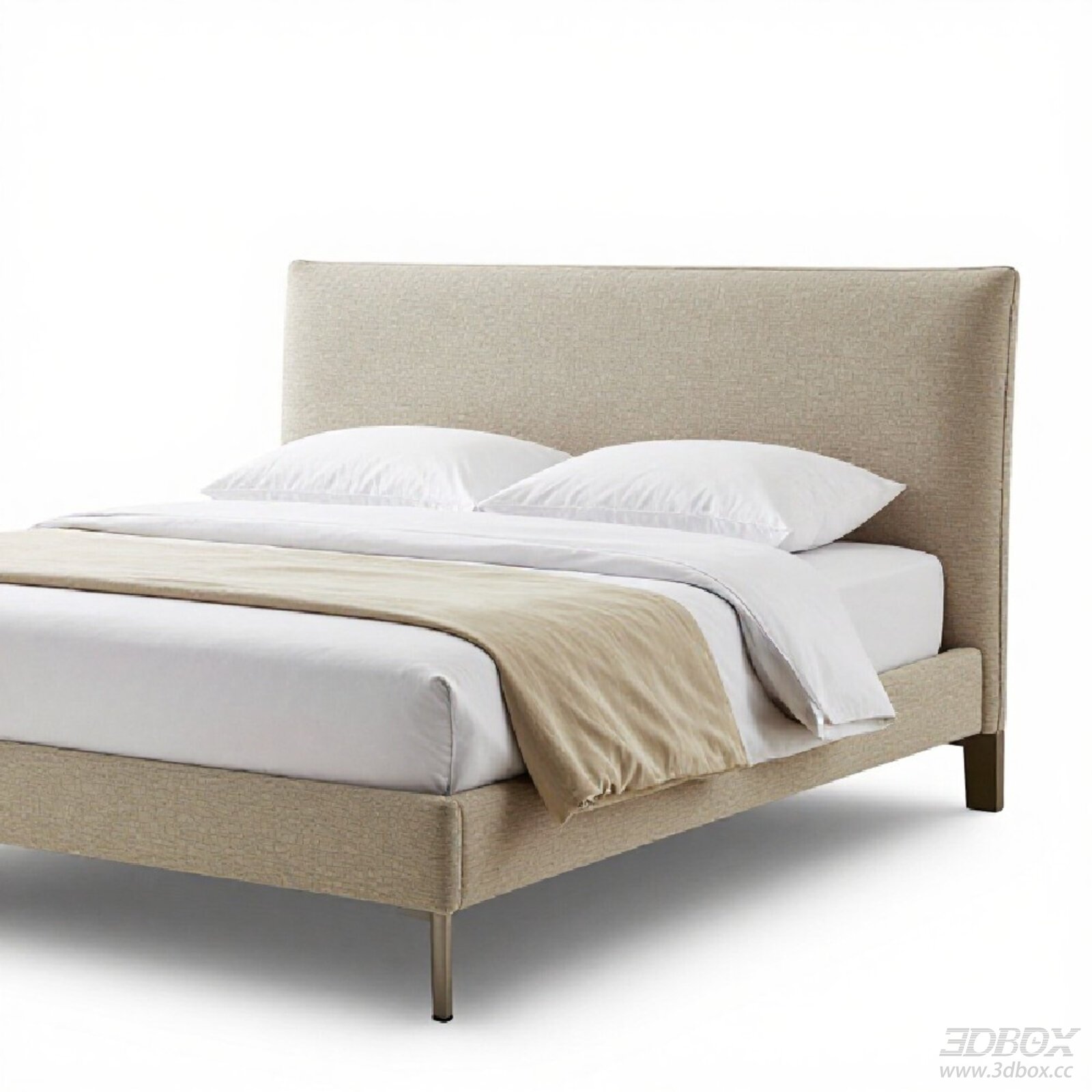 Modern Upholstered Linen Double Bed with Metal Legs 3D model - front view