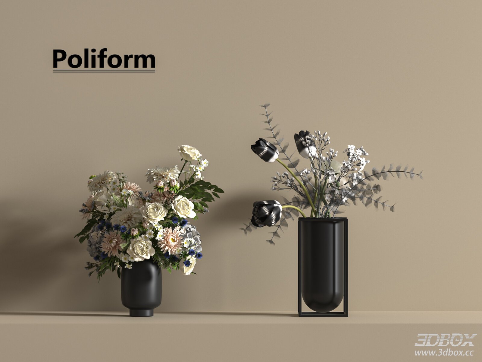 Modern Black Vase with Floral Bouquet Set 3D model - front view