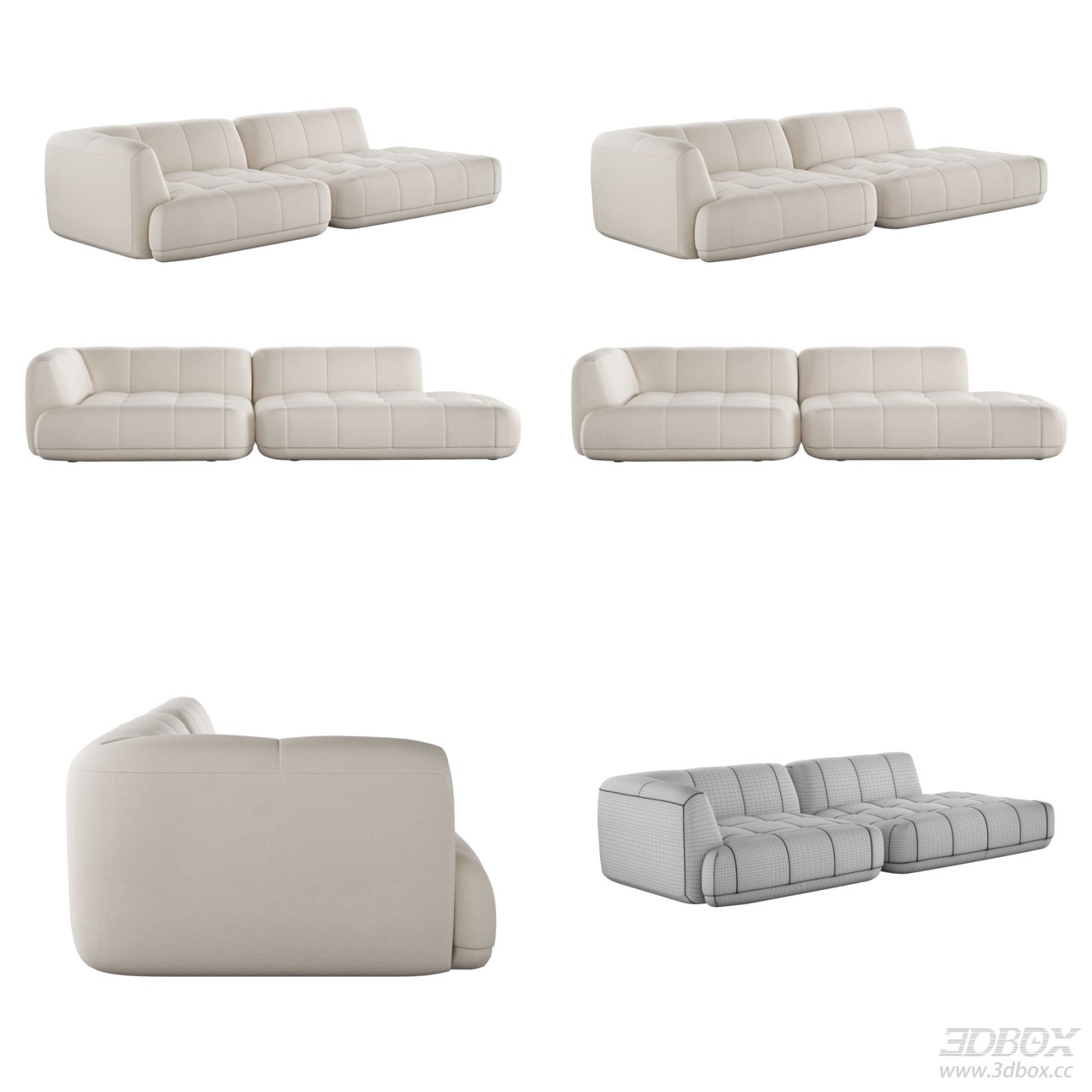 Quilton One-Arm Modular Beige Fabric Sofa Set 3D model - front view