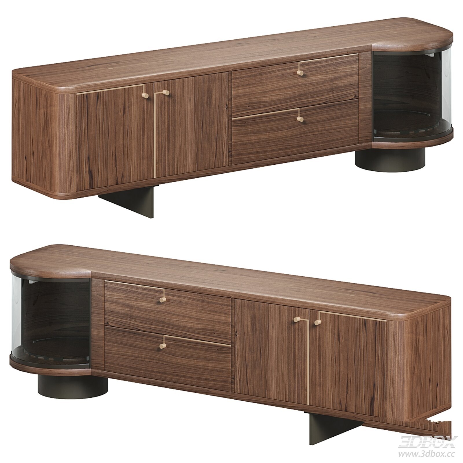 Modern Walnut Wood Sideboard with Glass Display Cabinet 3D model - front view