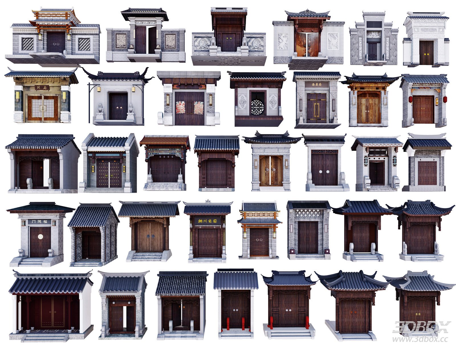 Traditional Chinese Courtyard Gate Facade Set 3D model - front view