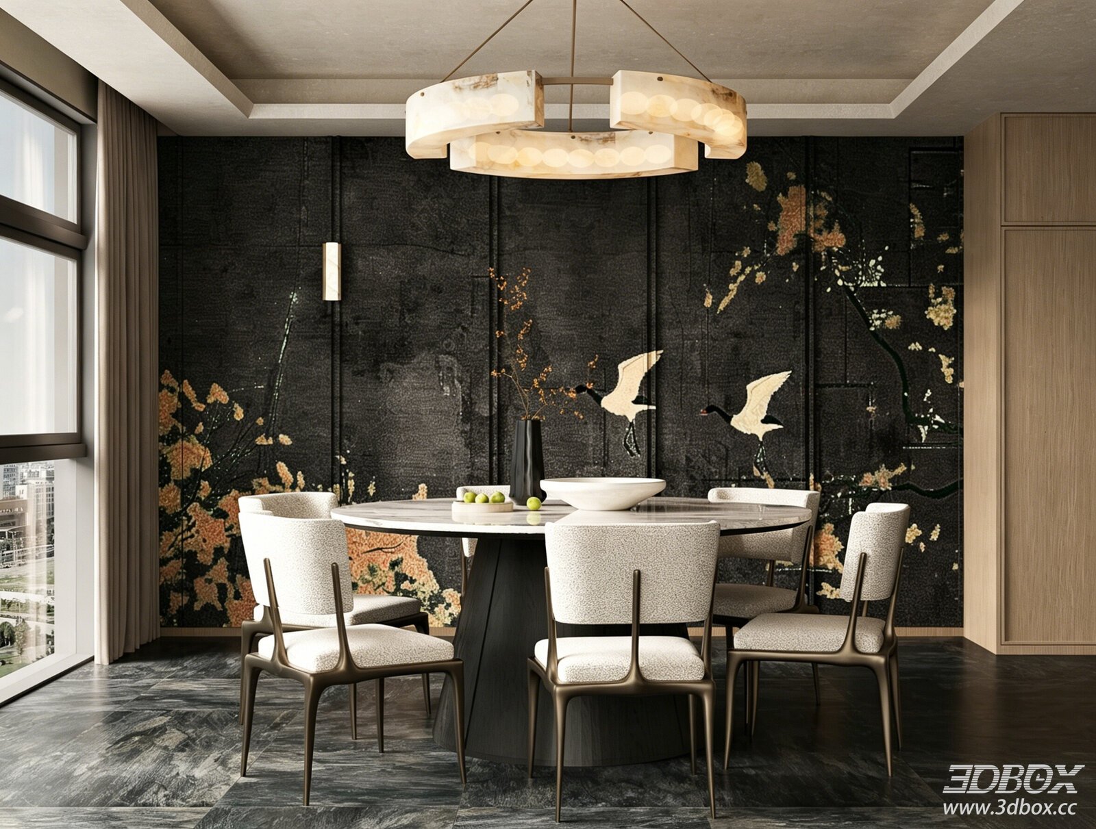 Modern New Chinese Style Luxury Dining Room with Round Marble Table 3D model - front view