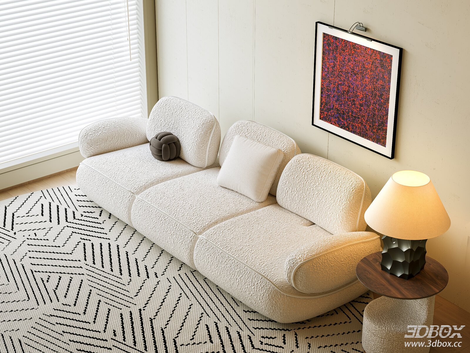 Modern Boucle Fabric 3-seater Sofa Set 3D model - front view