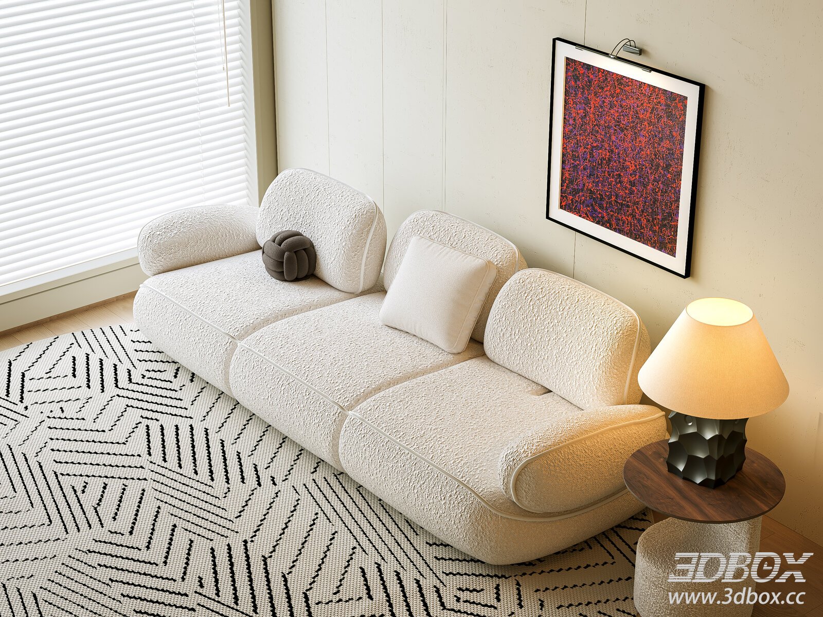 Modern Boucle Fabric 3-seater Sofa Set 3D model - thumbnail 1