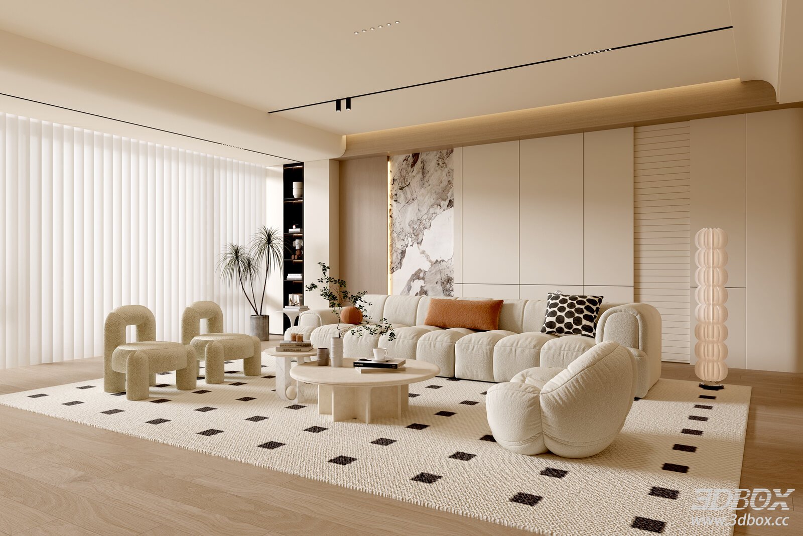Modern Cream Style Luxury Living Room Interior Scene 3D model - front view