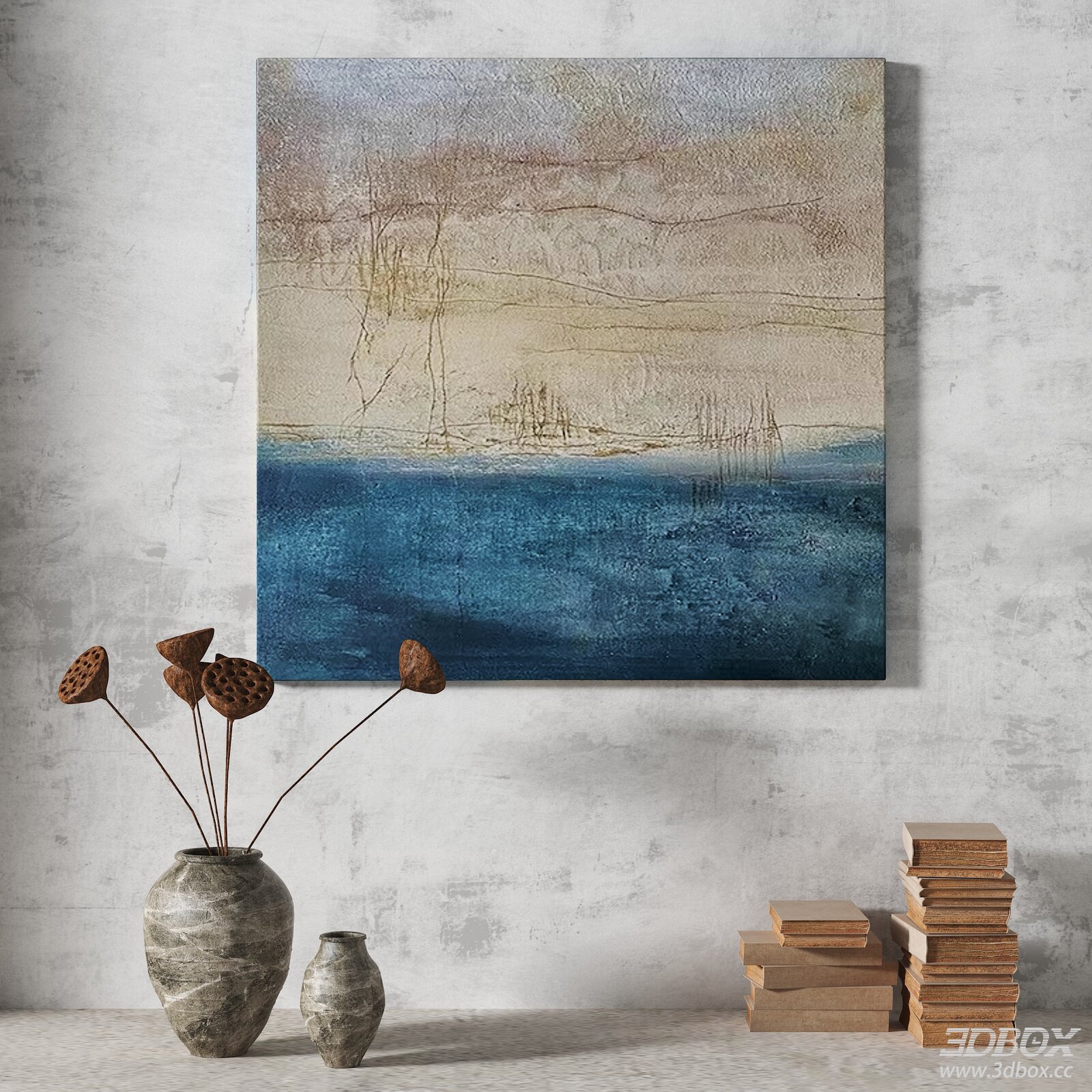 Wabi Sabi Abstract Textured Wall Painting Decor Set 3D model - front view