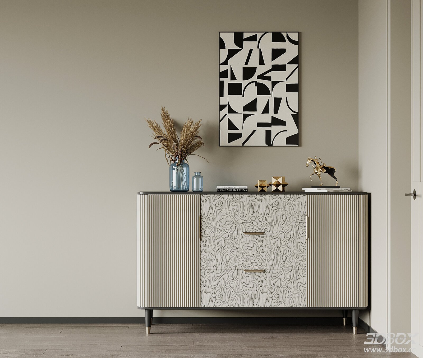 Modern Fluted Sideboard Entryway Cabinet with Decorations 3D model - front view