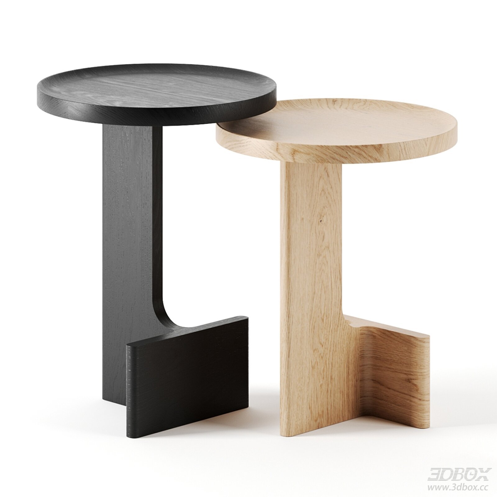 Modern Minimalist Oak Wood Round Side Table Set 3D model - front view