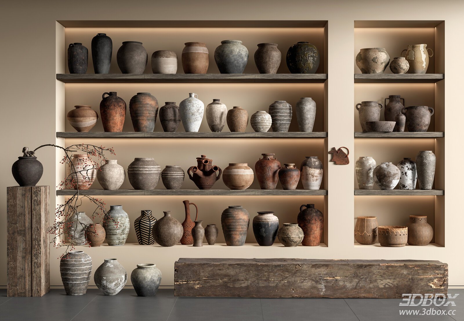 Wabi Sabi Ceramic Pottery Vase Set Vintage Clay Jar Decor 3D model - front view