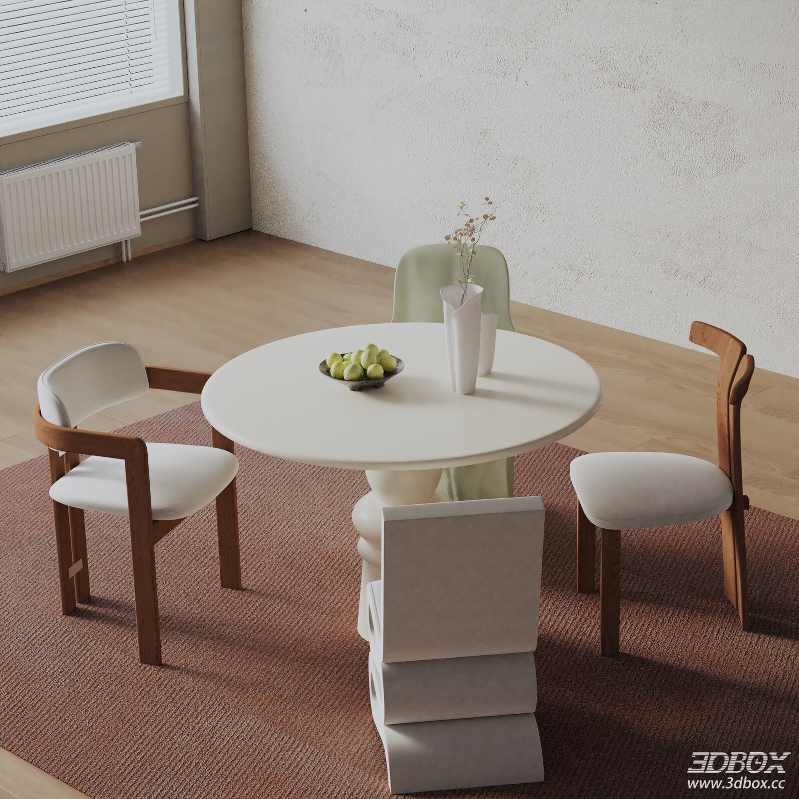Modern Minimalist Round Dining Table and Chairs Set 3D model - front view