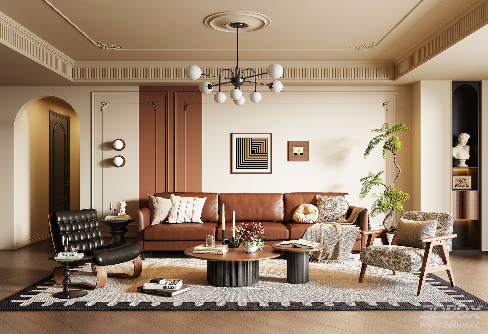 French Vintage Mid-century Modern Living Room Interior 3D model - front view