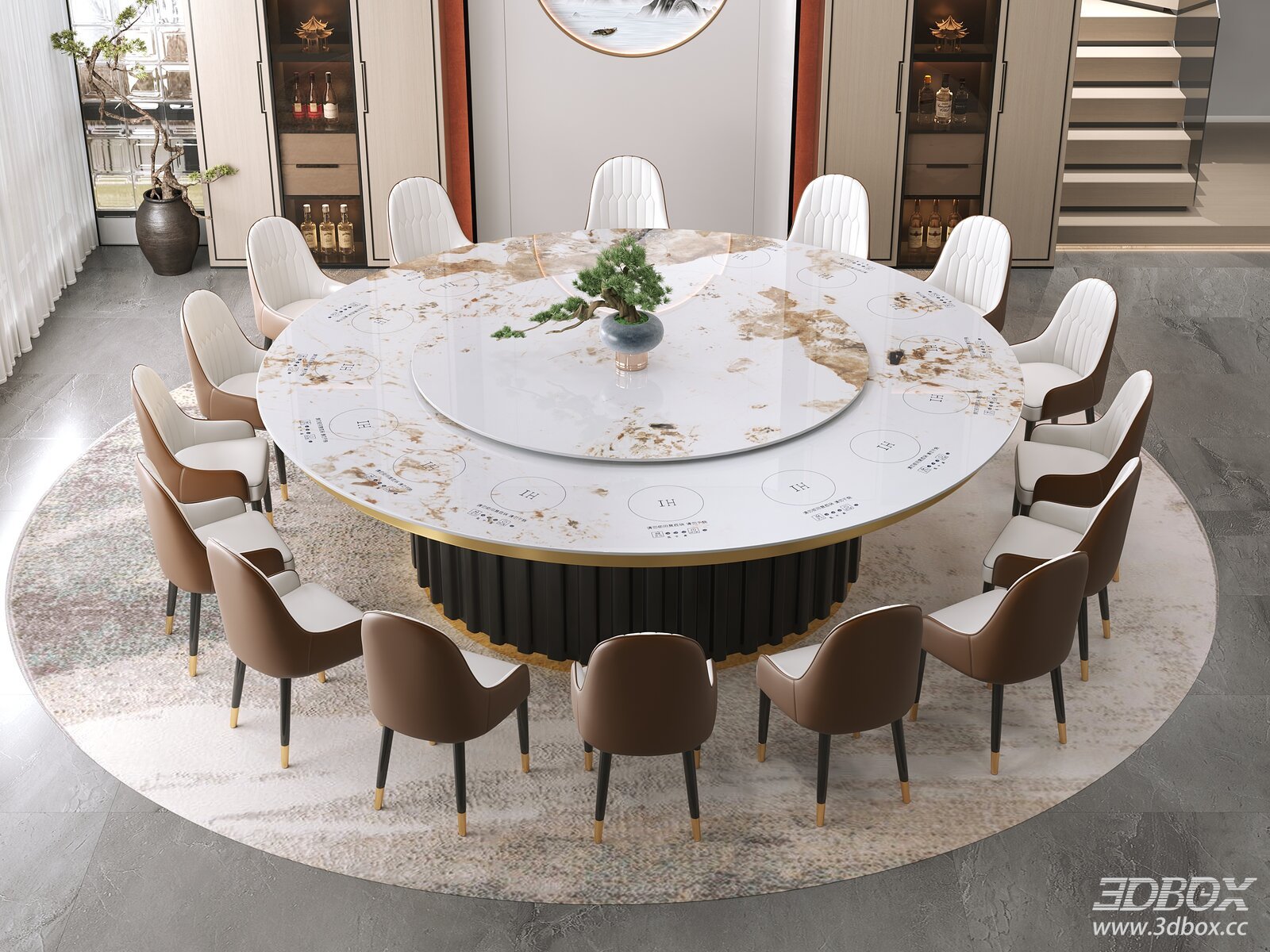 Modern Luxury Private Dining Room With Round Marble Table 3D model - front view