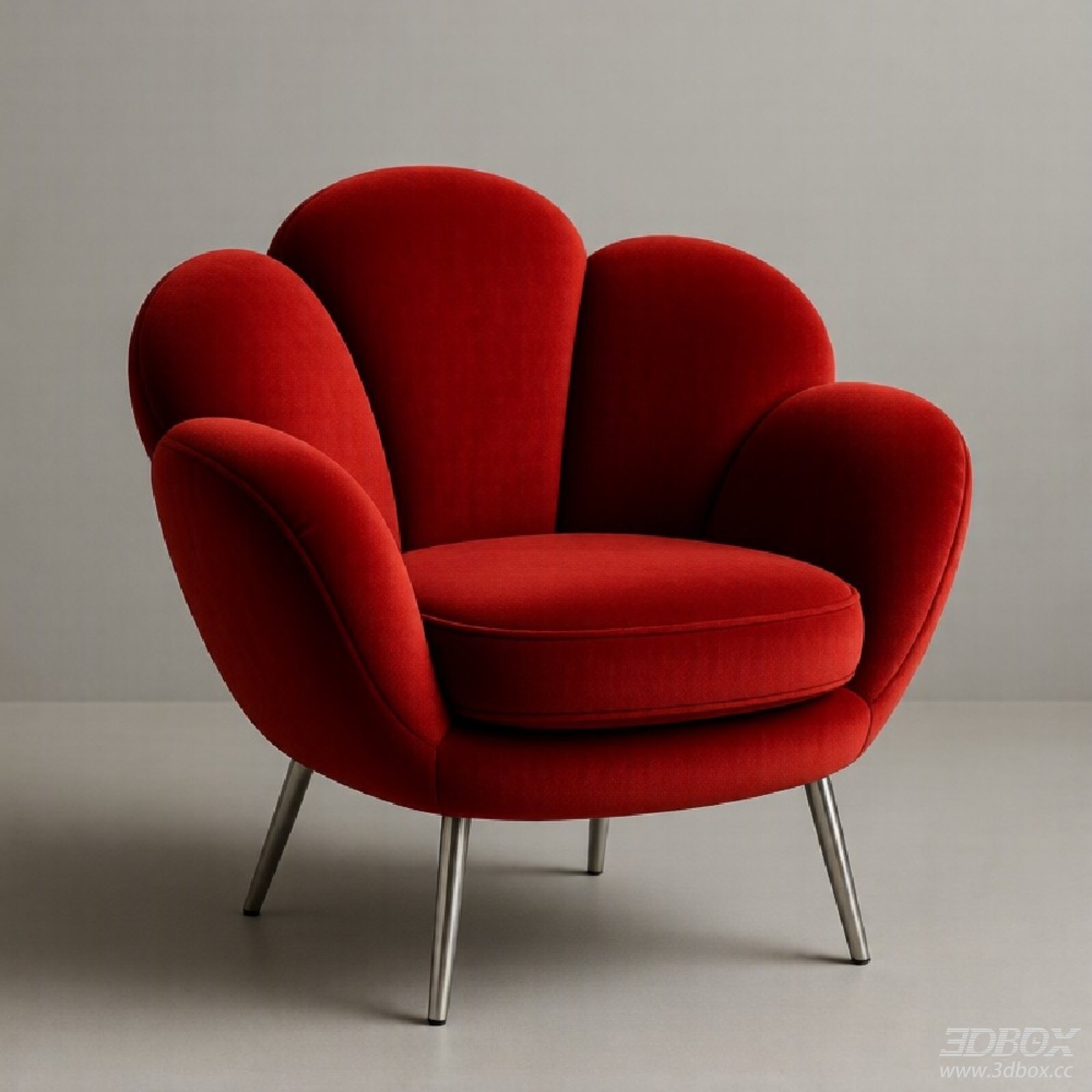 Red Velvet Upholstered Armchair with Metal Legs 3D model - front view