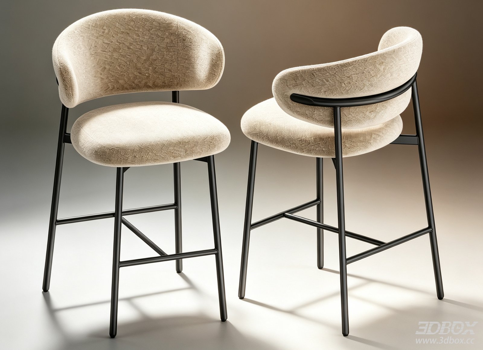 Modern Luxury Fabric Upholstered Bar Stool with Metal Frame 3D model - front view