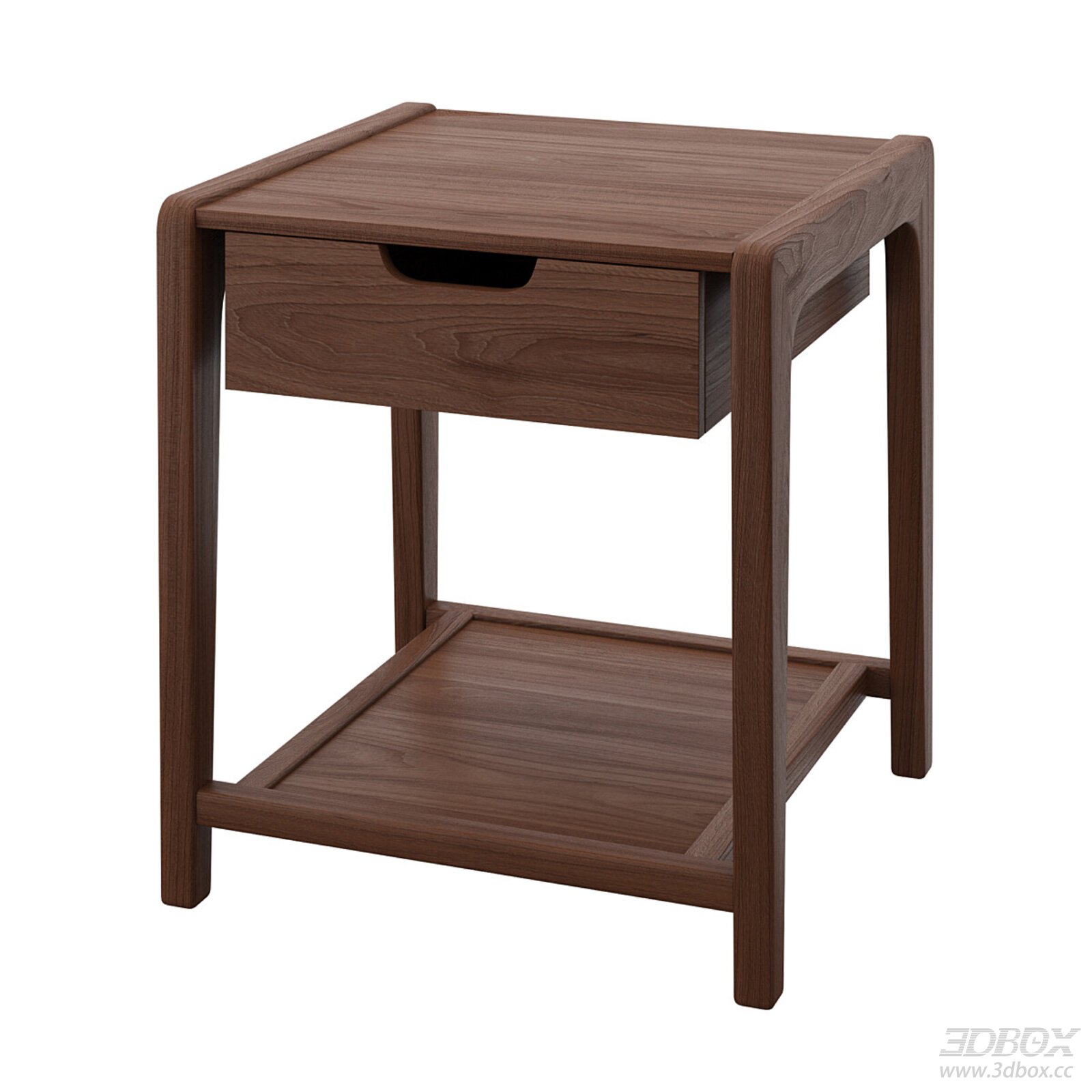 Nordic Minimalist Walnut Wooden Side Table with Drawer 3D model - front view
