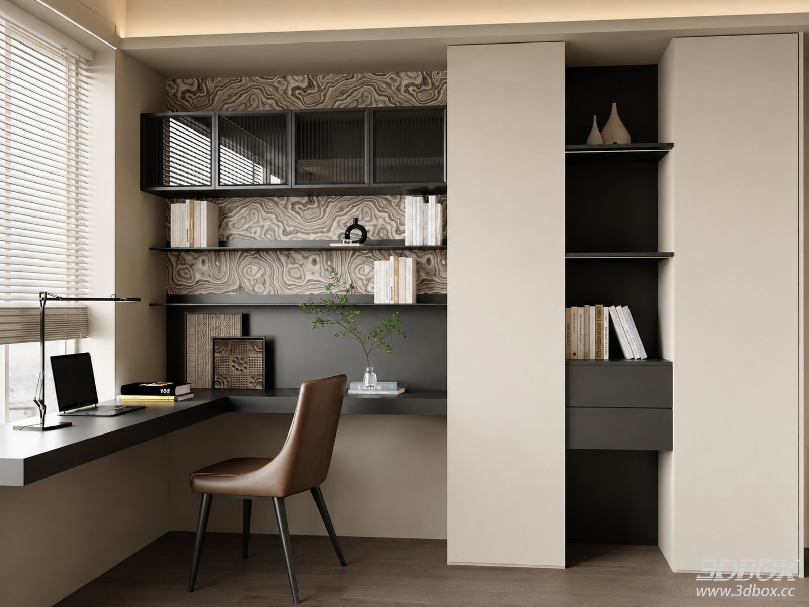 Italian Minimalist Study Room with Desk and Bookcase 3D model - front view