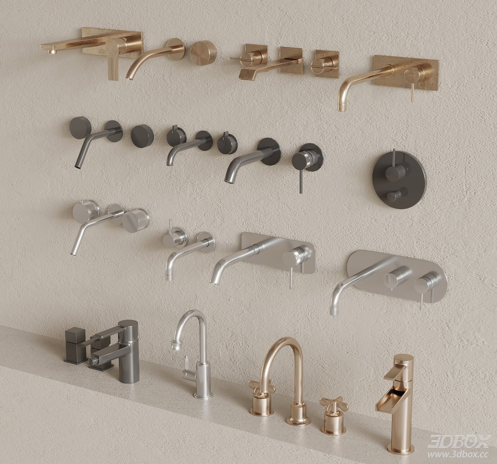 Modern Wall Mounted and Deck Mounted Bathroom Faucet Set 3D model - front view