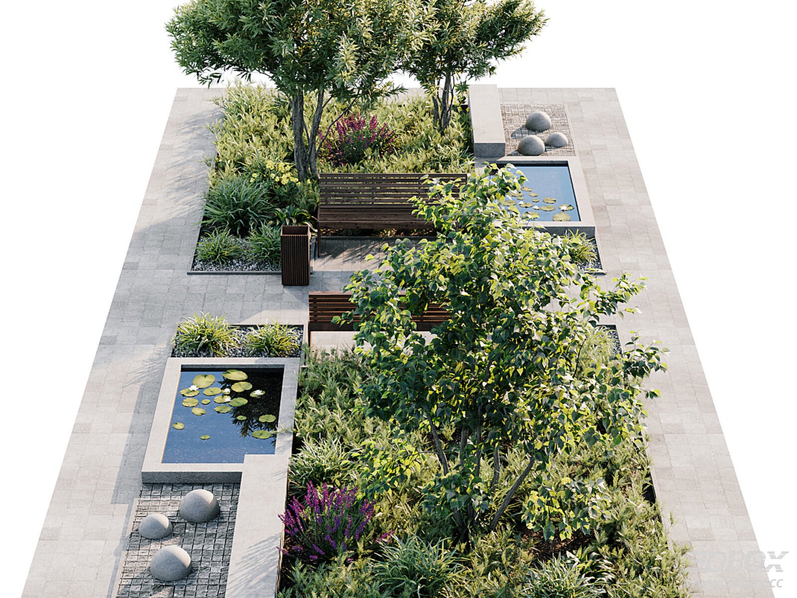 Park Plaza Landscape Garden Green Plant Outdoor Scene 3D model - front view