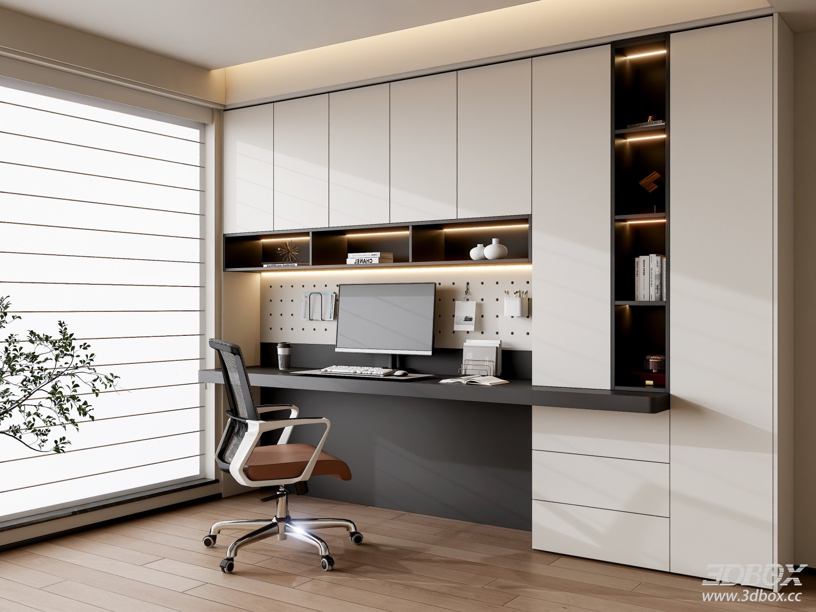 Modern Minimalist Home Work Room with Integrated Desk Bookshelf 3D model - front view