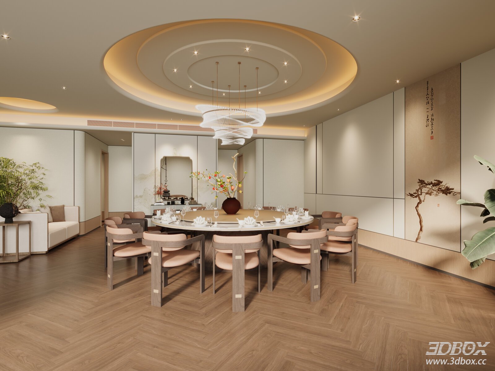 New Chinese Style Cream Private Dining Room Interior Scene 3D model - front view