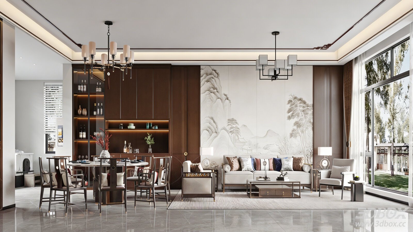 New Chinese Style Villa Living And Dining Room Interior 3D model - front view