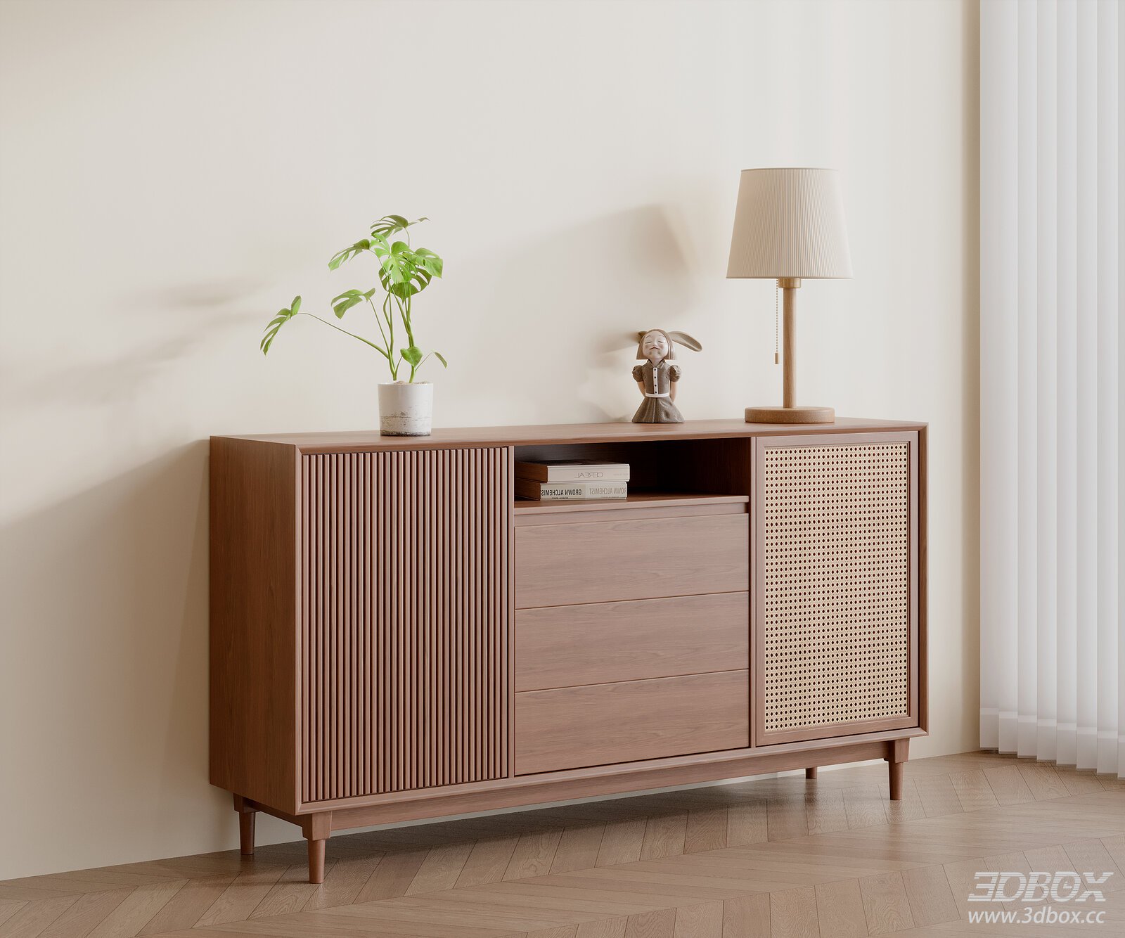 Mid Century Walnut Rattan Hallway Sideboard 3D model - front view