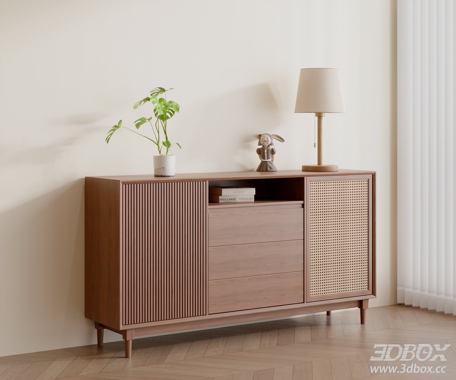Mid Century Walnut Rattan Hallway Sideboard 3D model - thumbnail 1