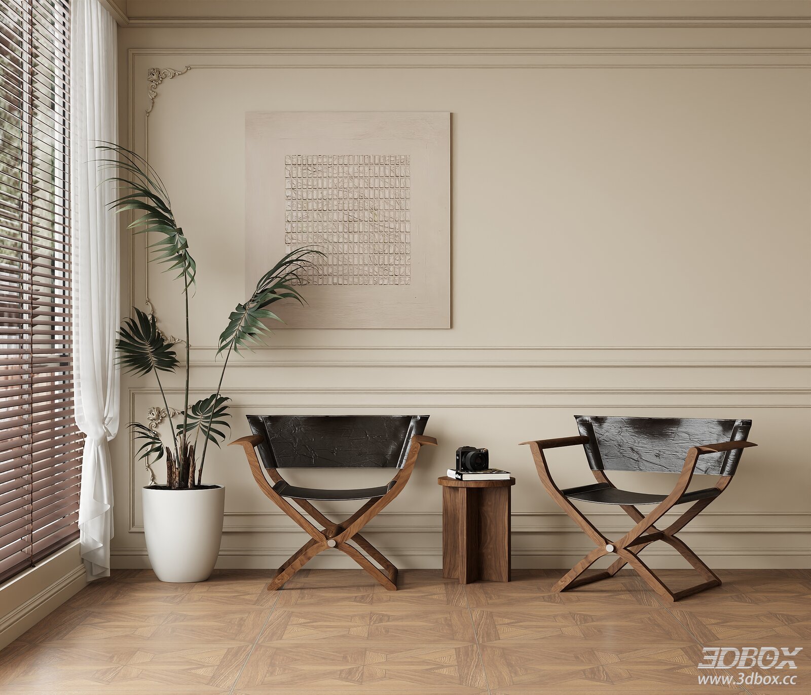 Mid Century Vintage Leather Wooden Armchair Set 3D model - front view