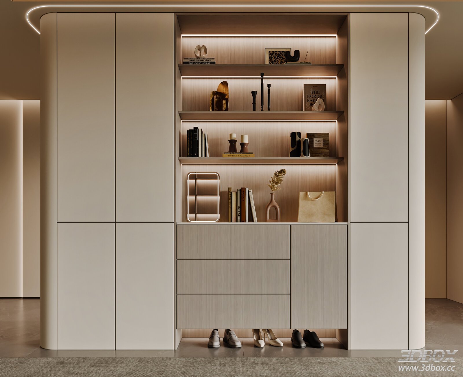 Modern Minimalist Hallway Shoe Cabinet with Display Shelf 3D model - front view
