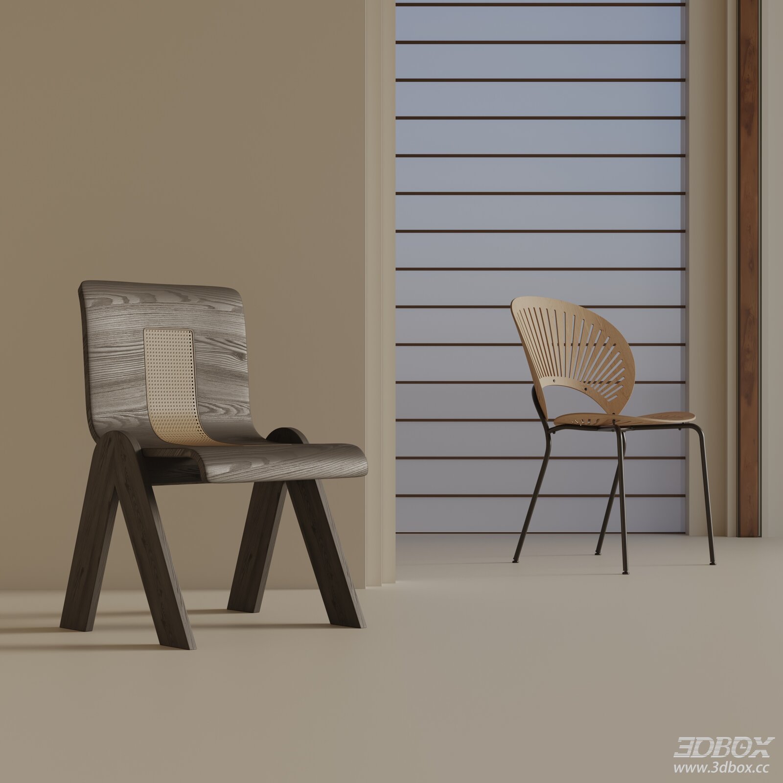 Modern Minimalist Wooden Dining Chair Set 3D model - front view