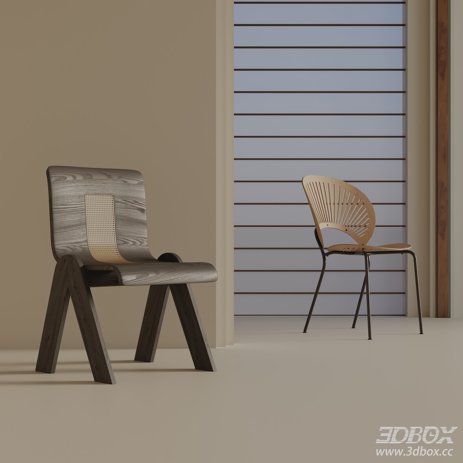 Modern Minimalist Wooden Dining Chair Set 3D model - thumbnail 1