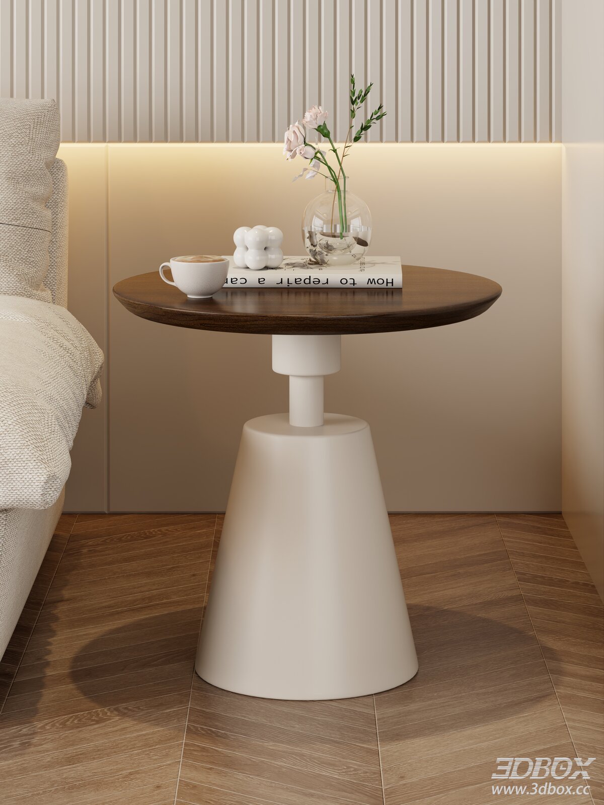 Modern Wooden Top Cream Base Round Side Table 3D model - front view