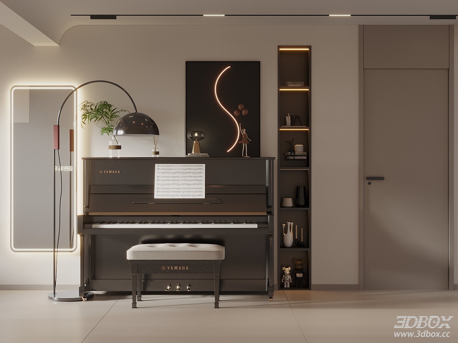Modern Cream Style Piano Nook with Upright Piano and Decor 3D model - front view