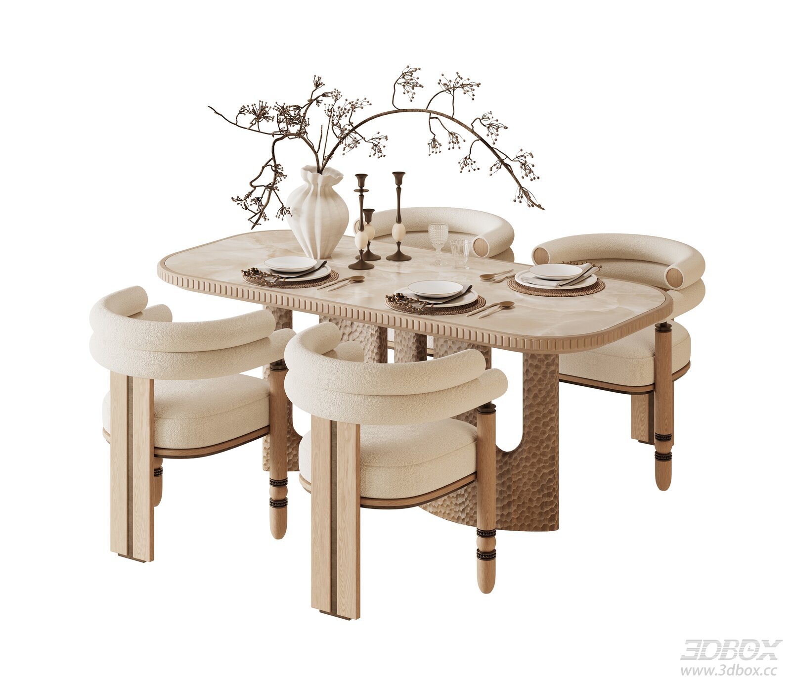 Mid Century Modern Dining Table and Chairs Set 3D model - front view