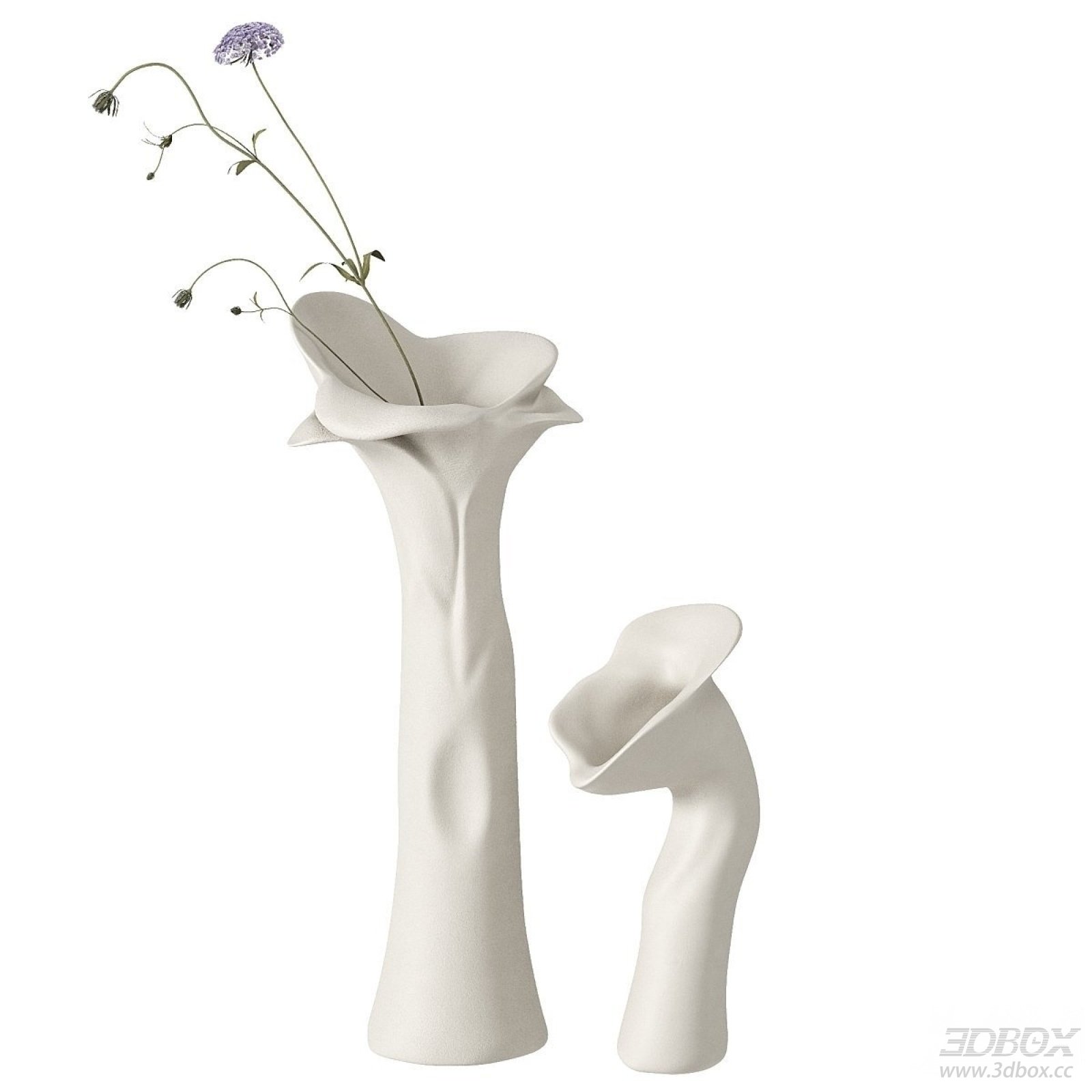 Abstract White Ceramic Sculptural Vase Set with Dried Flower 3D model - front view