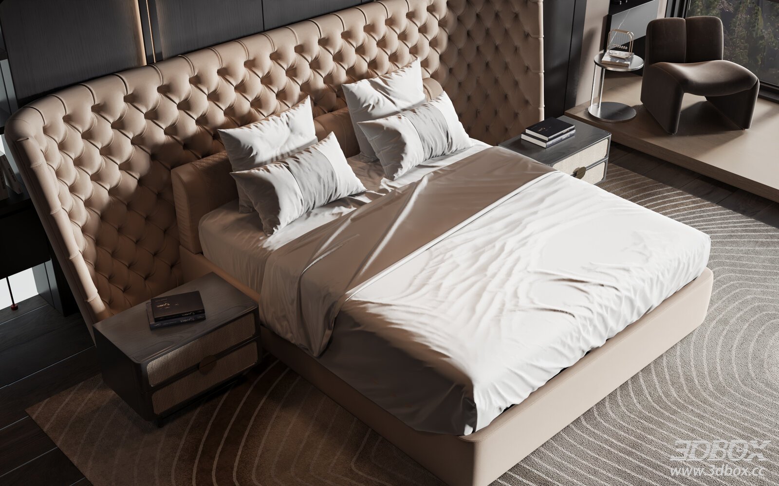 Modern Luxury Upholstered Bed Bedroom Scene 3D model - front view