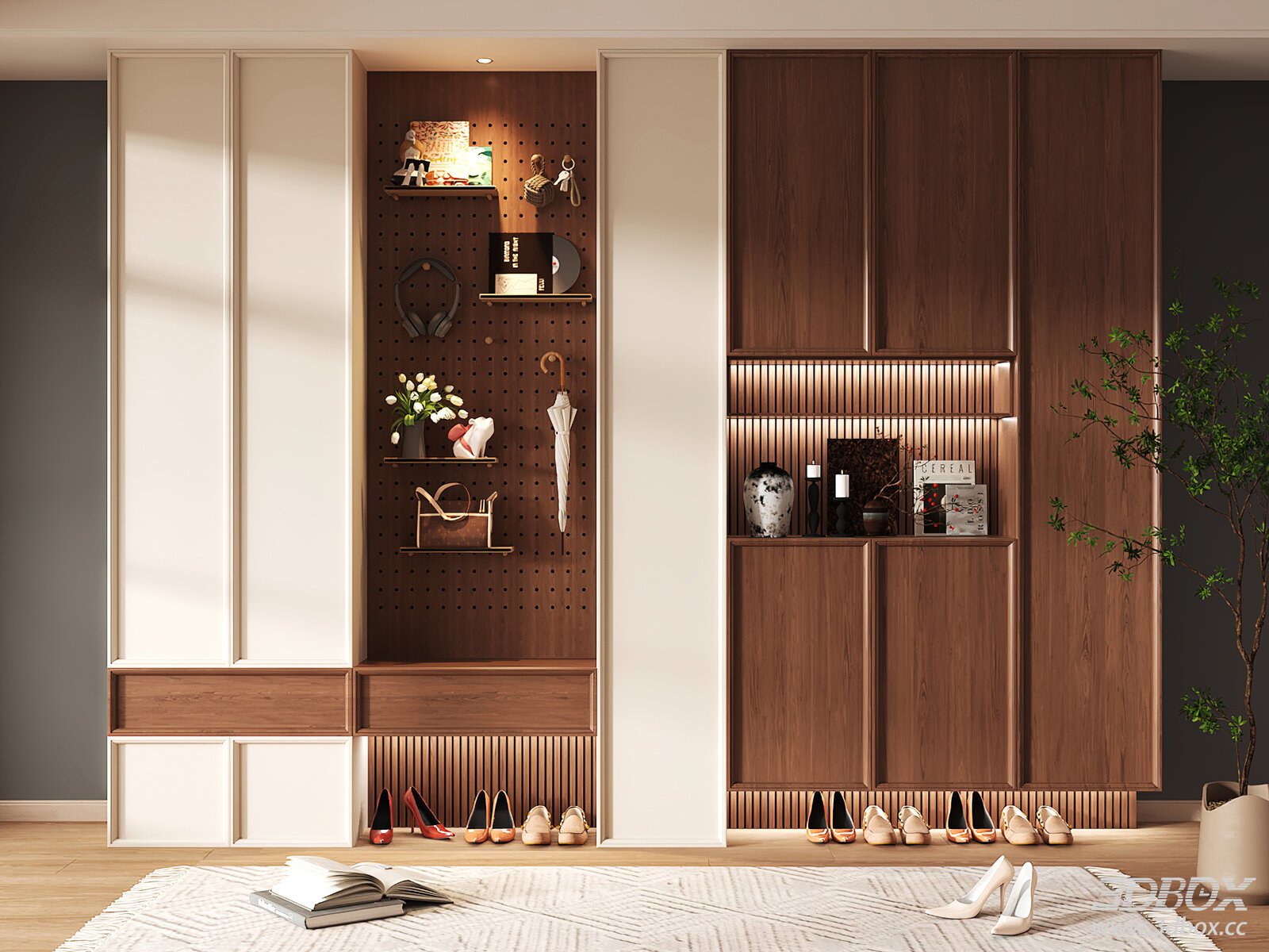 Modern Wooden Hallway Shoe Cabinet with Perforated Panel 3D model - front view