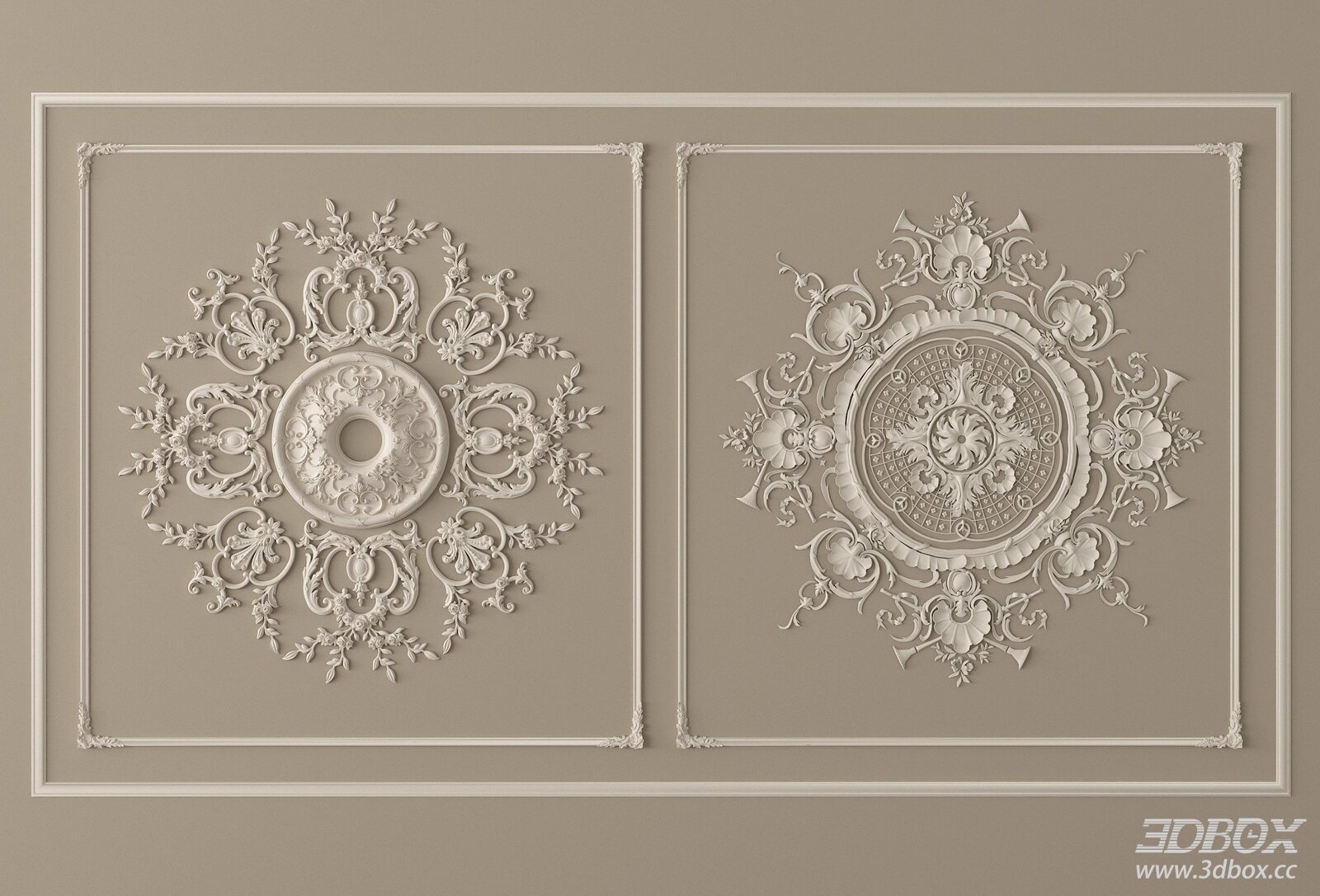 French Vintage Carved Decorative Plaster Ceiling Rosette Set 3D model - front view