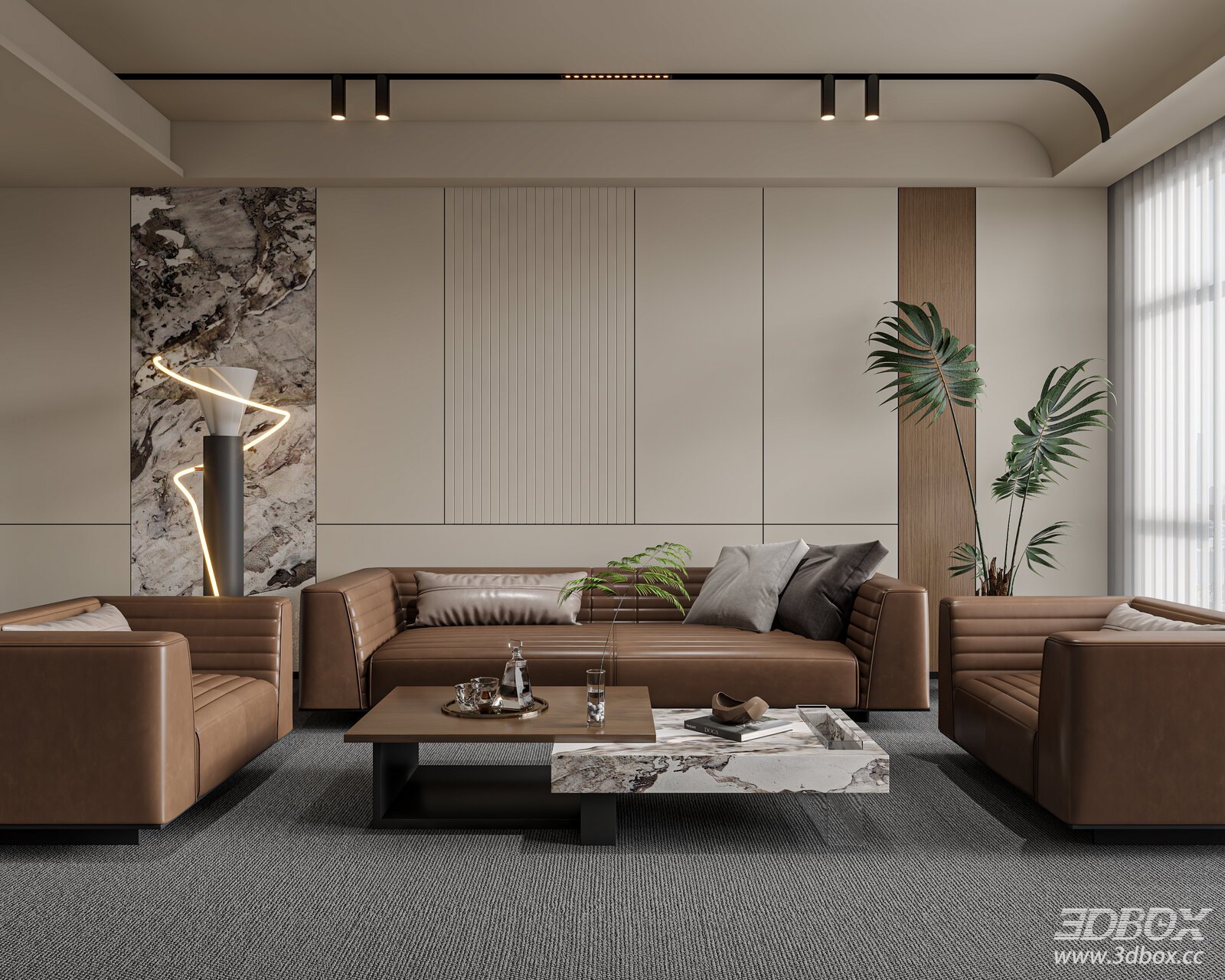 Modern Office Reception Lounge Leather Sofa Coffee Table Set 3D model - front view