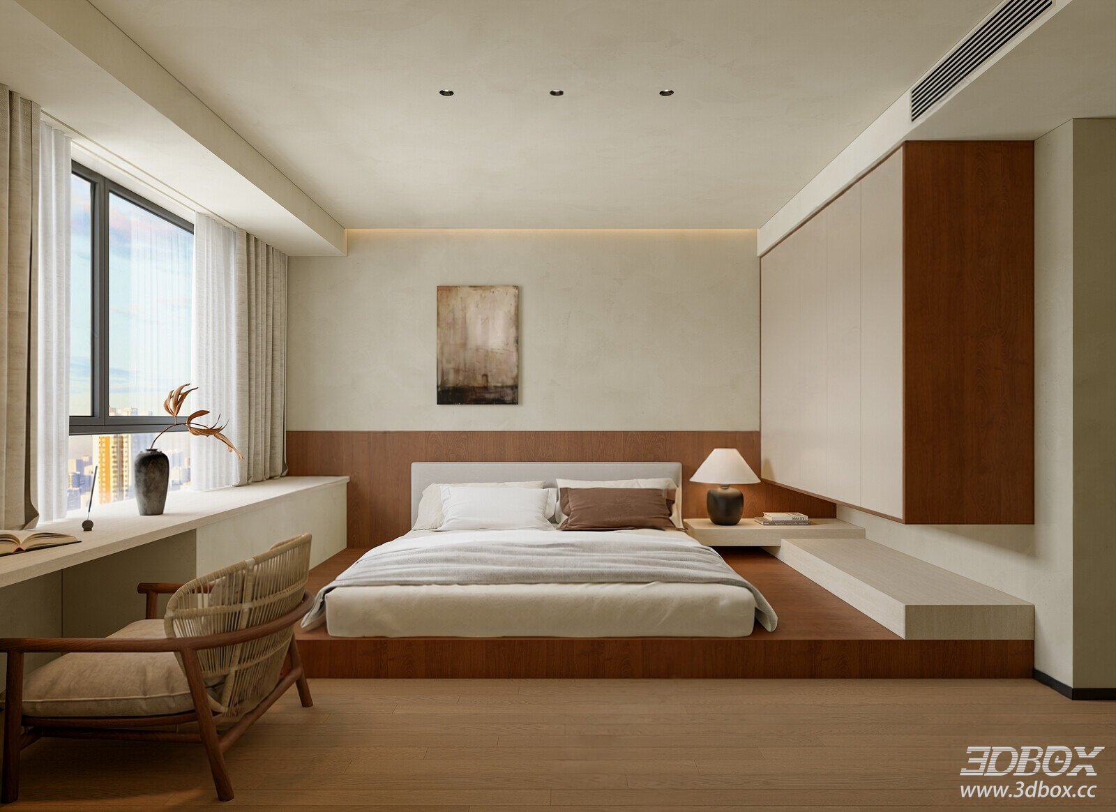 Japanese Wabi Sabi Style Wooden Master Bedroom 3D model - front view