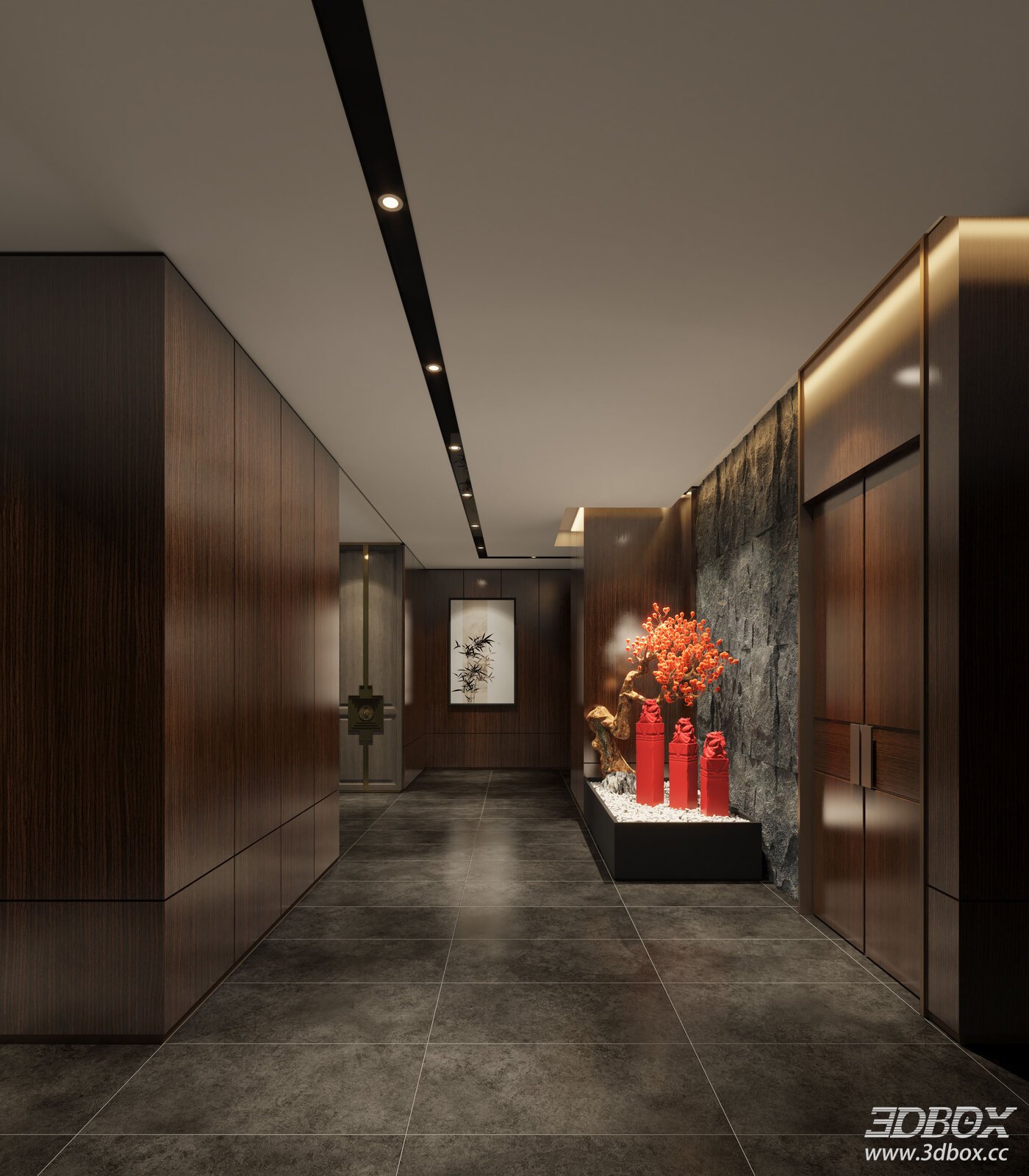 New Chinese Style Hotel Club Hallway Interior 3D model - front view