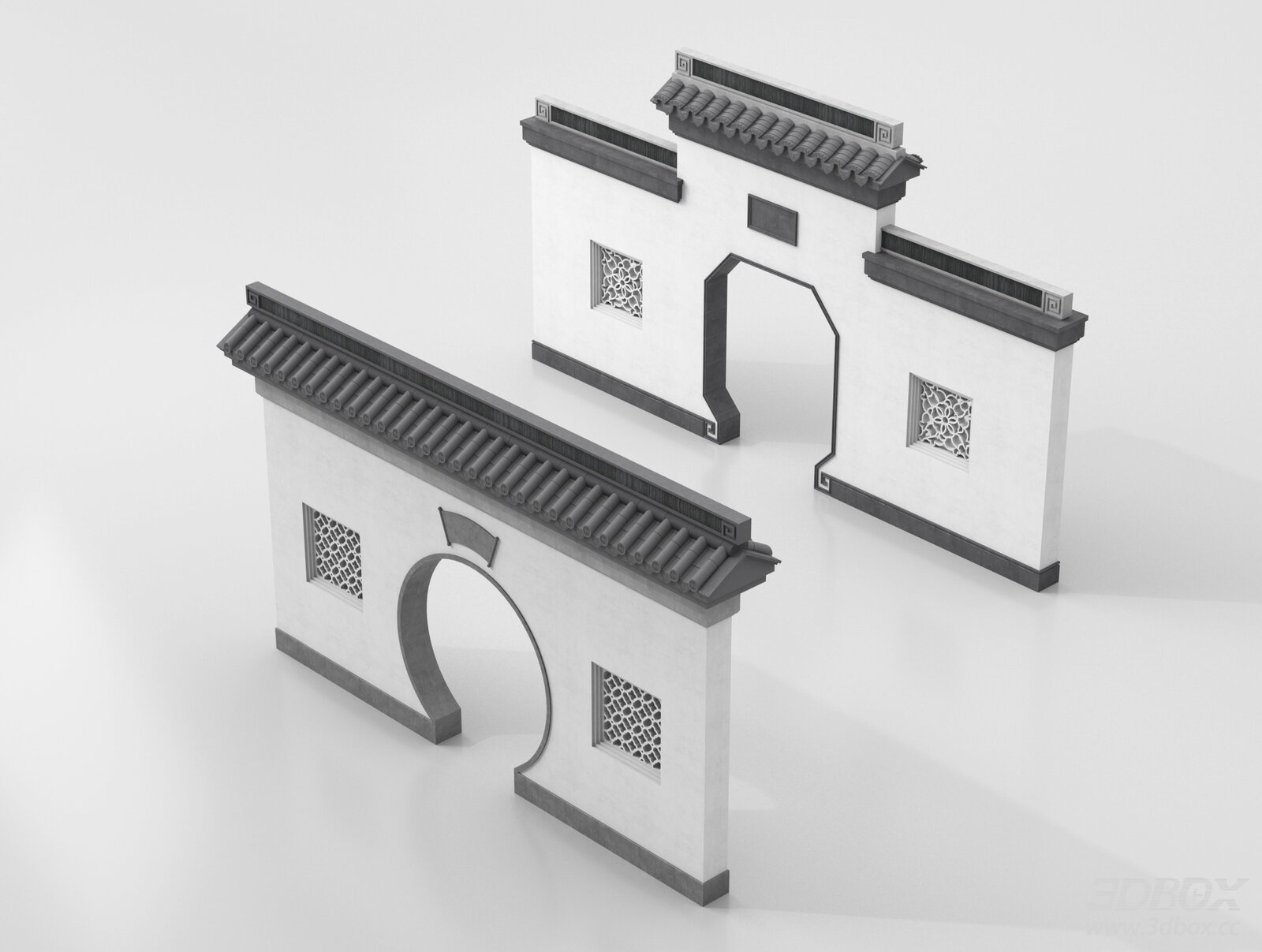Chinese Traditional Moon Gate Garden Wall Set 3D model - front view