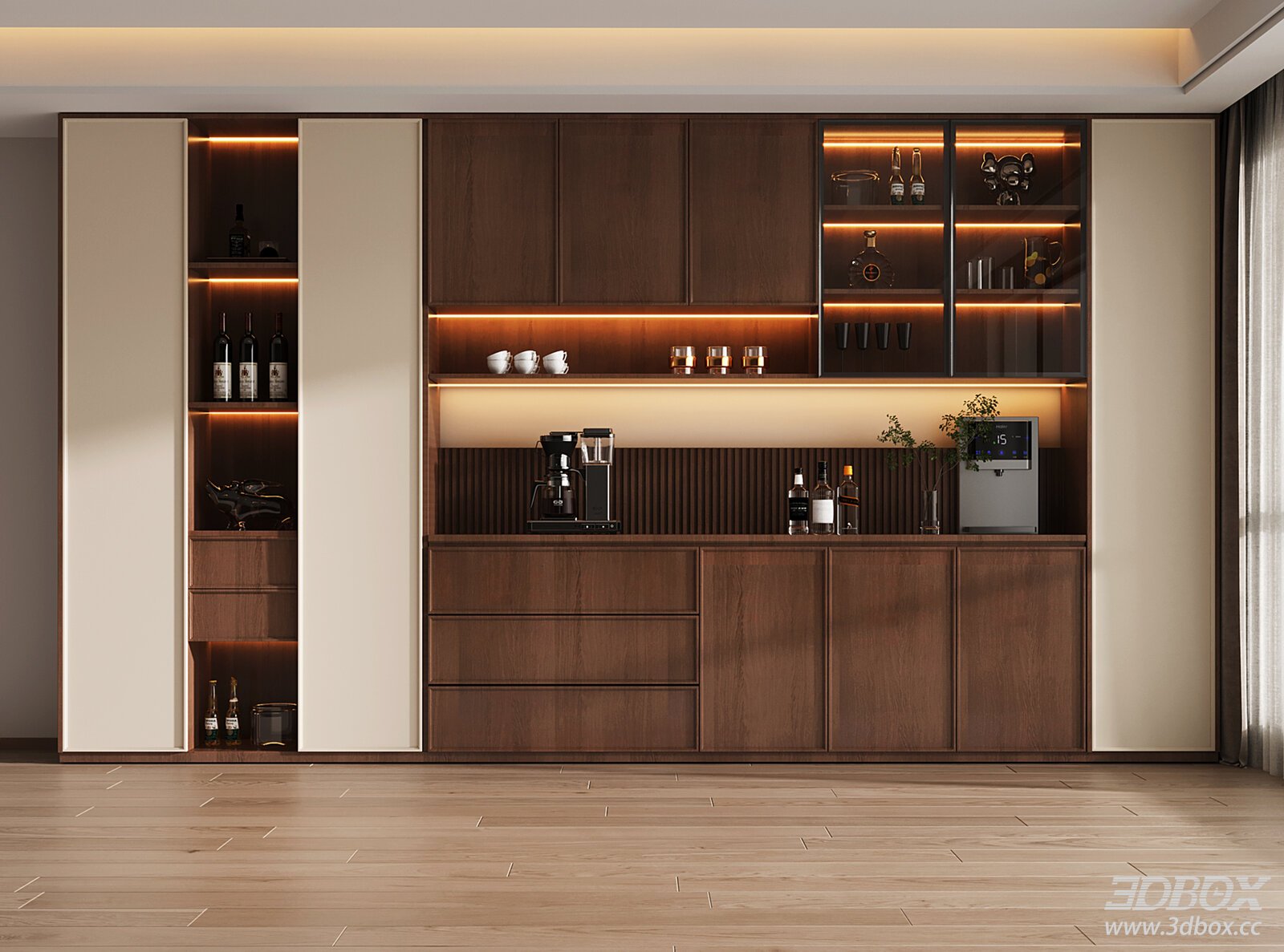 Mid Century Walnut Wine Cabinet Sideboard with LED Lighting 3D model - front view