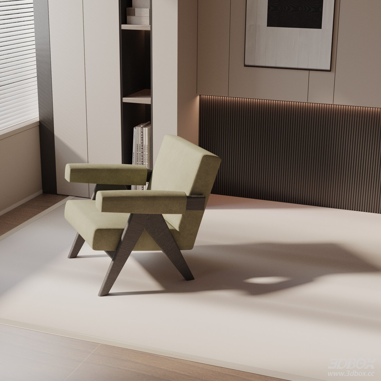 Modern Upholstered Fabric Armchair with Wooden Frame 3D model - front view