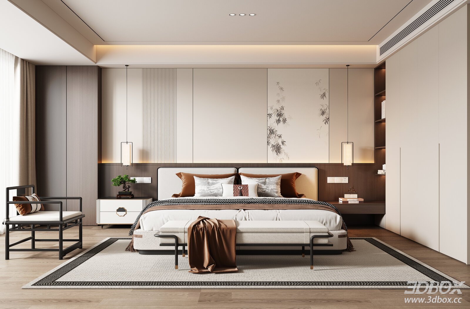 New Chinese Style Luxury Bedroom Interior Scene 3D model - front view