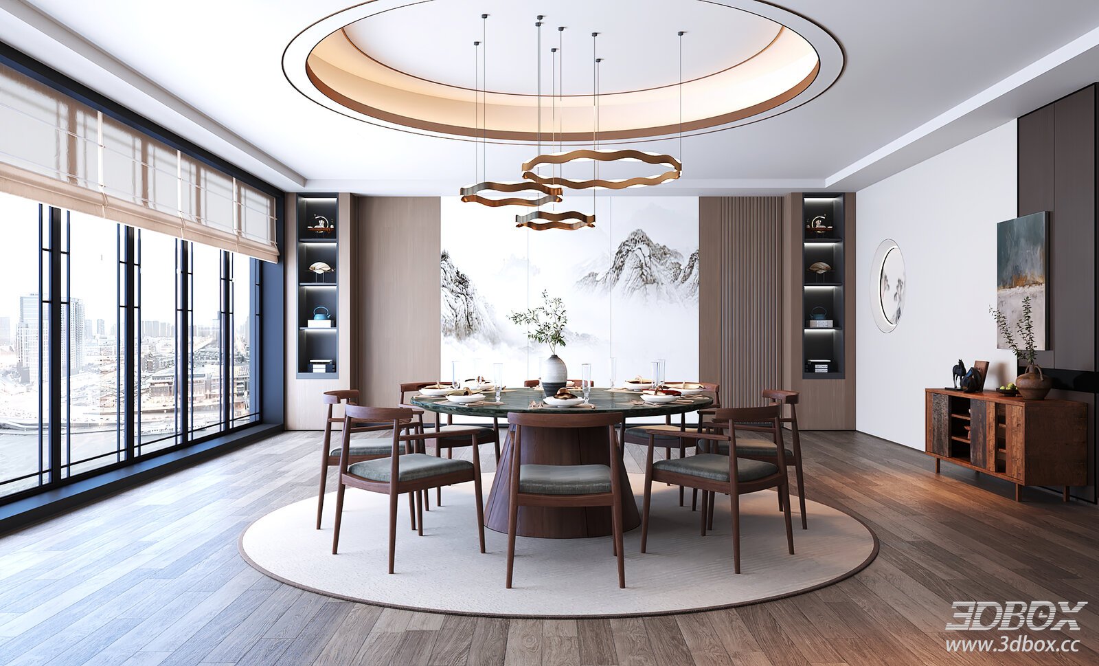 New Chinese Style Private Dining Room Scene 3D model - front view