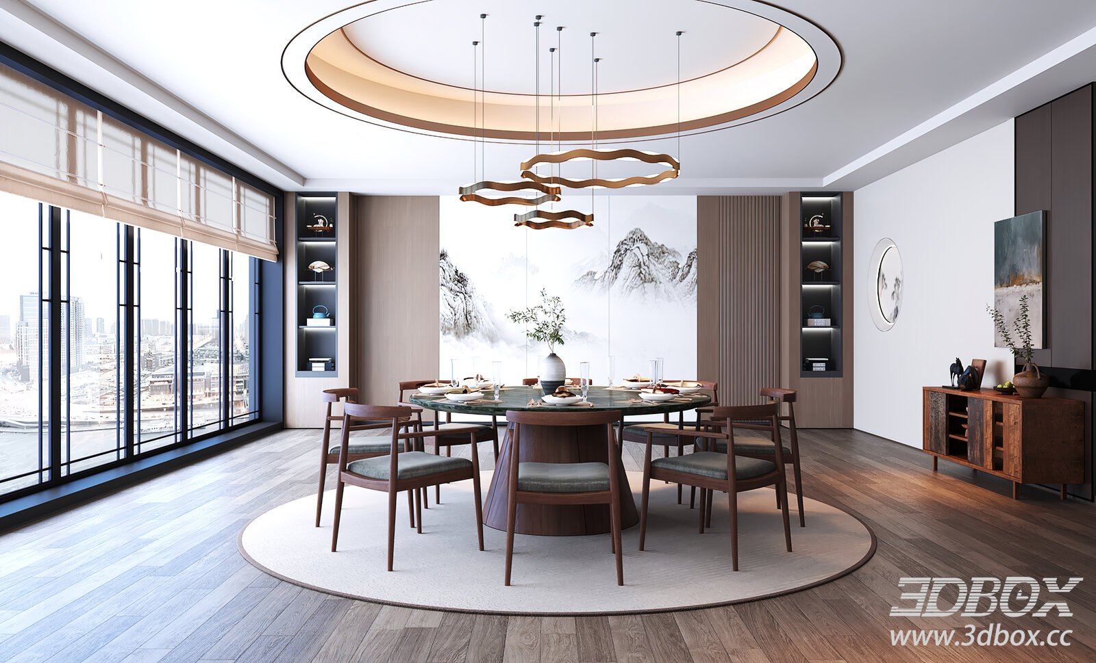 New Chinese Style Private Dining Room Scene 3D model - thumbnail 1