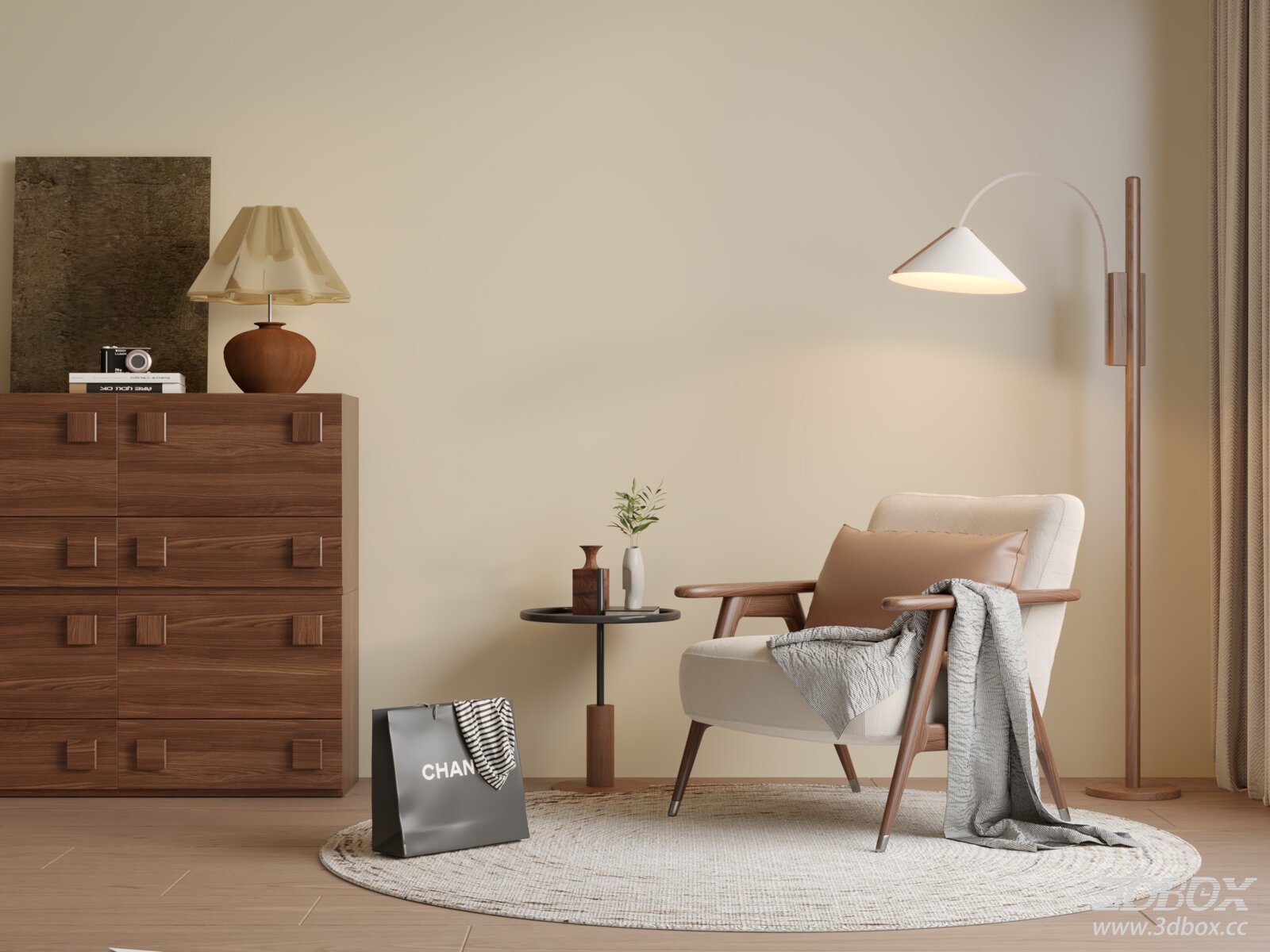 Mid Century Modern Fabric Armchair with Living Room Decor Set 3D model - front view
