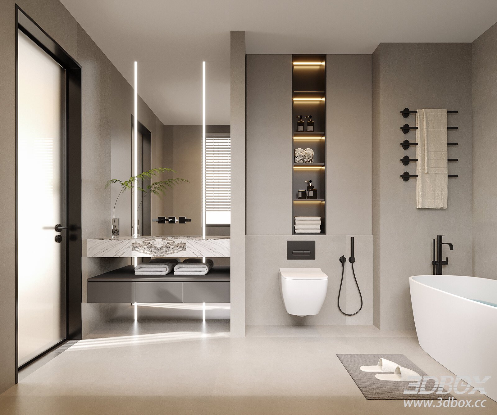 Modern Minimalist Bathroom Interior Scene 3D model - thumbnail 1