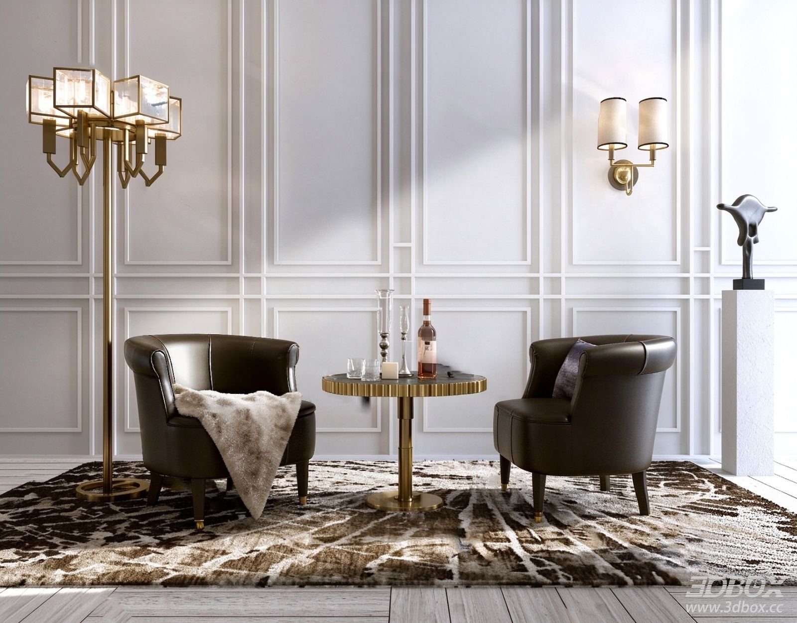 Modern Leather Single Armchair with Side Table Set 3D model - front view